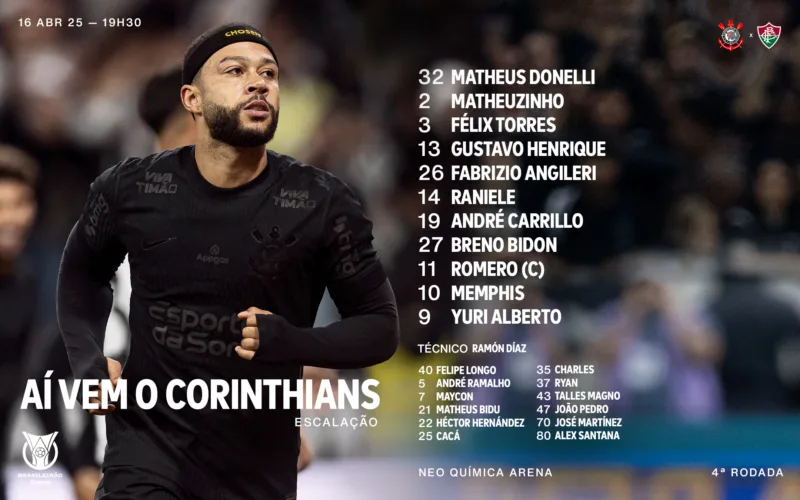 Corinthians está escalado para o jogo contra o Fluminense