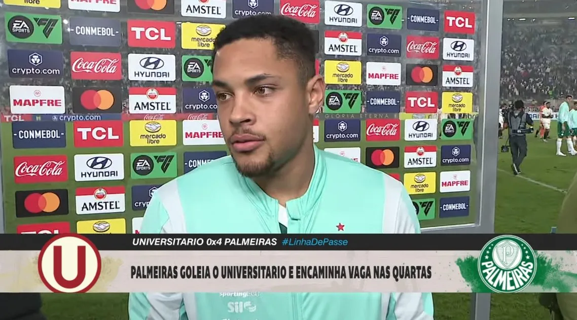 Vitor Roque celebra parceria com Flaco López após goleada do Palmeiras na Libertadores