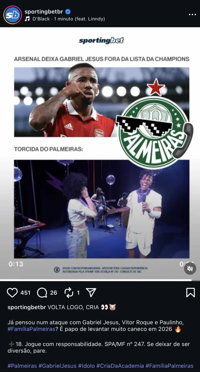 Patrocinadora do Palmeiras dá pistas sobre volta de Gabriel Jesus em 2026