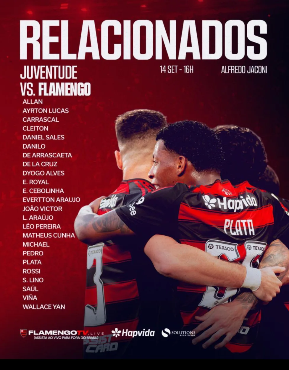 Com cinco desfalques, Flamengo divulga relacionados para duelo contra o Juventude