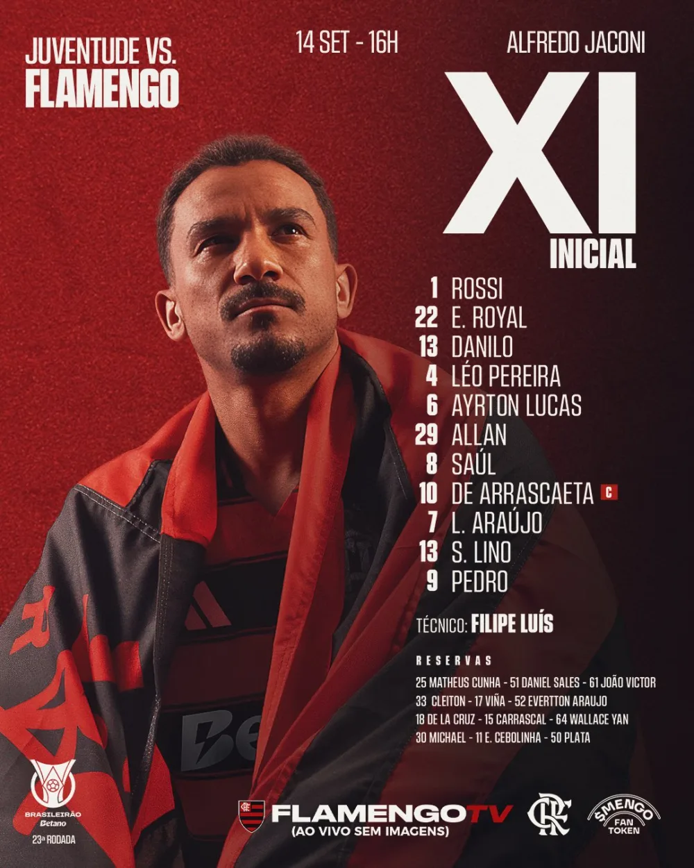 Com seis desfalques, Flamengo está escalado para duelo contra o Juventude no Alfredo Jaconi