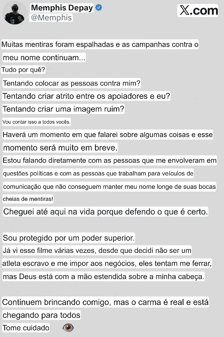 Memphis Depay promete se manifestar sobre “mentiras” e cita proteção divina em mensagem enigmática