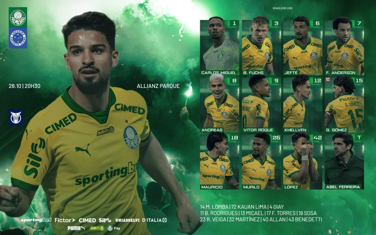 Palmeiras escalado! Abel Ferreira define time contra o Cruzeiro 